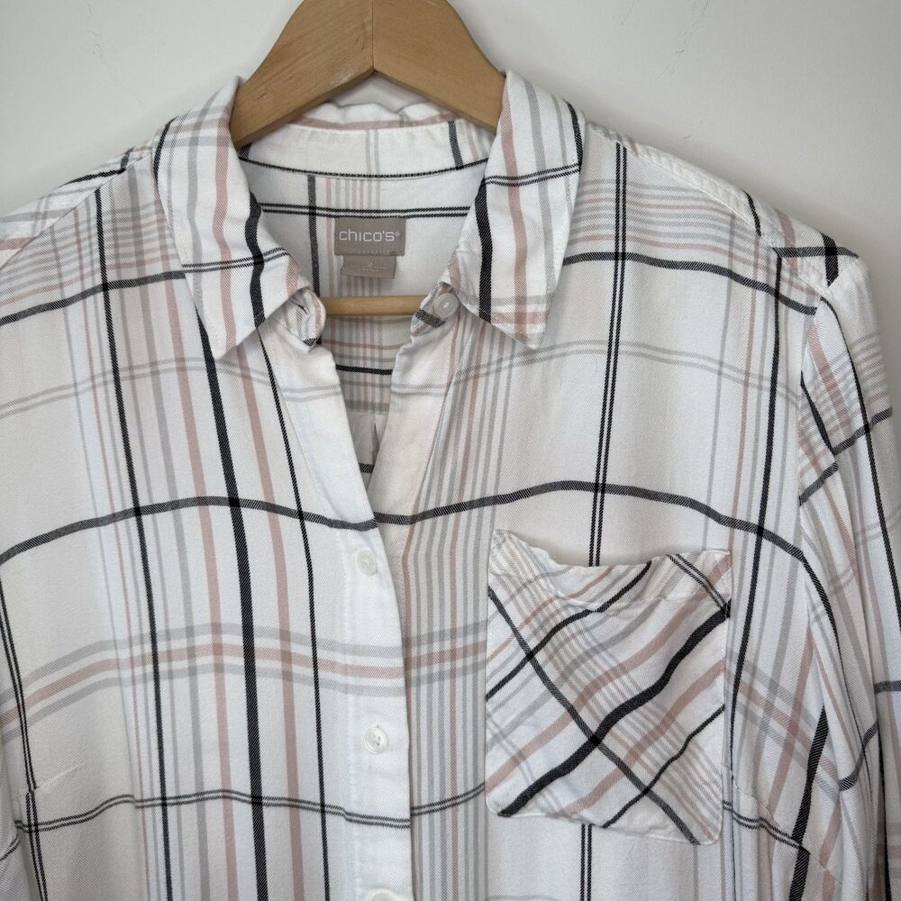 Chico's Women's Shirt Button Front White Pink Black Tunic Size 2 - 12/14 L